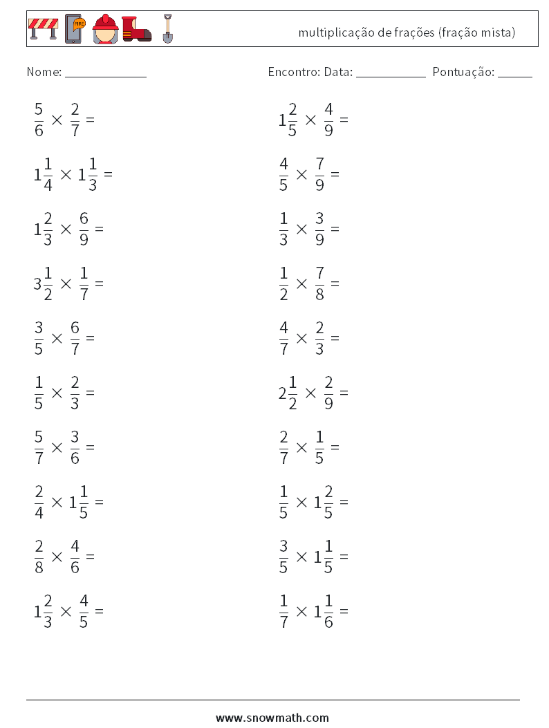 (20) multiplicação de frações (fração mista) planilhas matemáticas 11