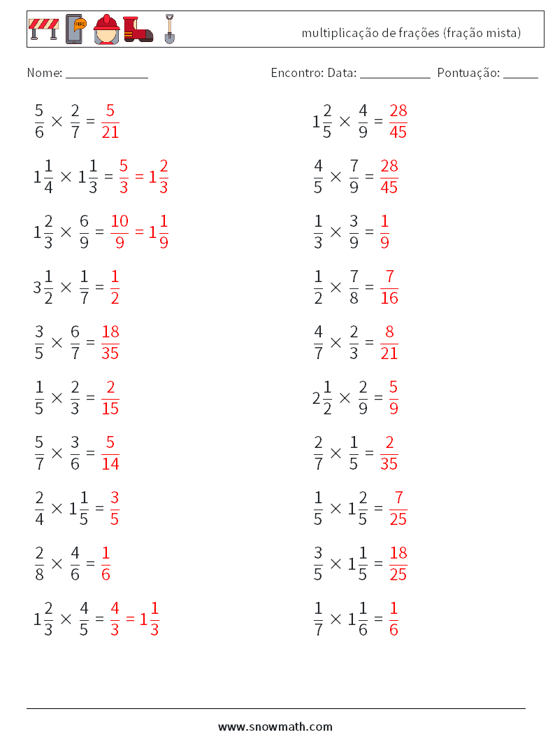 (20) multiplicação de frações (fração mista) planilhas matemáticas 11 Pergunta, Resposta