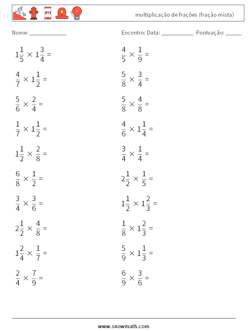 (20) multiplicação de frações (fração mista) planilhas matemáticas 12