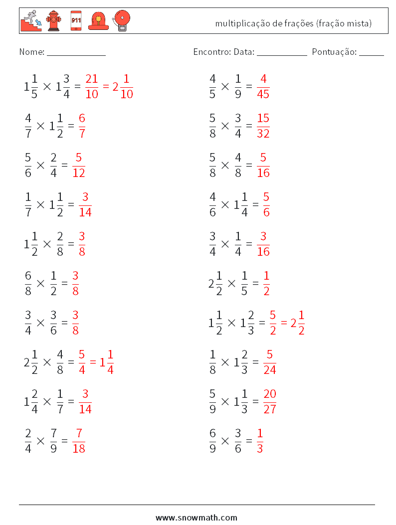 (20) multiplicação de frações (fração mista) planilhas matemáticas 12 Pergunta, Resposta