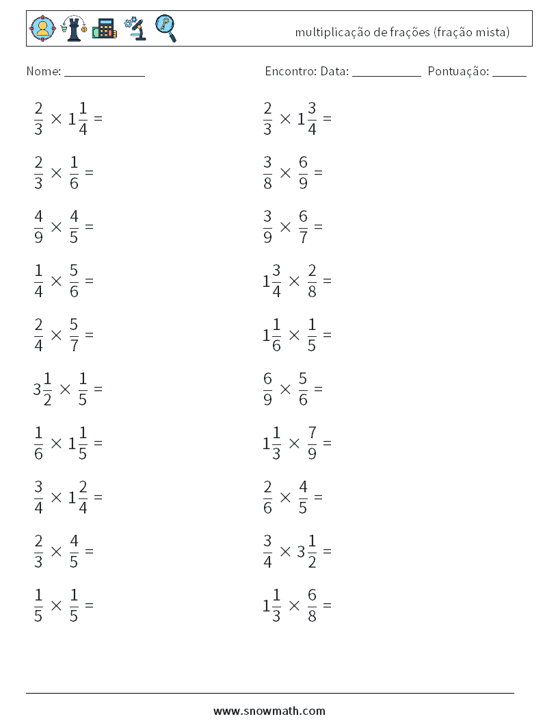 (20) multiplicação de frações (fração mista) planilhas matemáticas 13