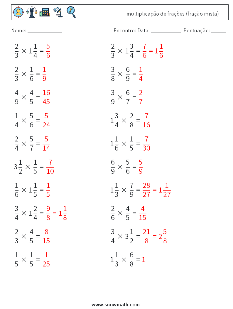 (20) multiplicação de frações (fração mista) planilhas matemáticas 13 Pergunta, Resposta