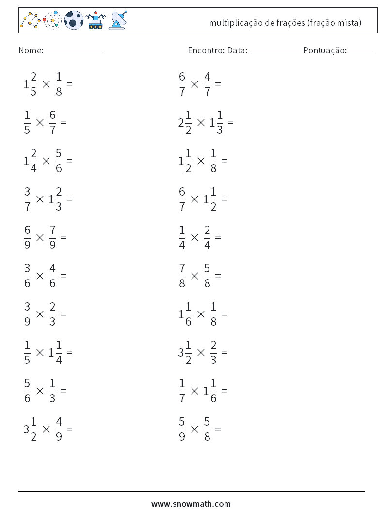 (20) multiplicação de frações (fração mista) planilhas matemáticas 14