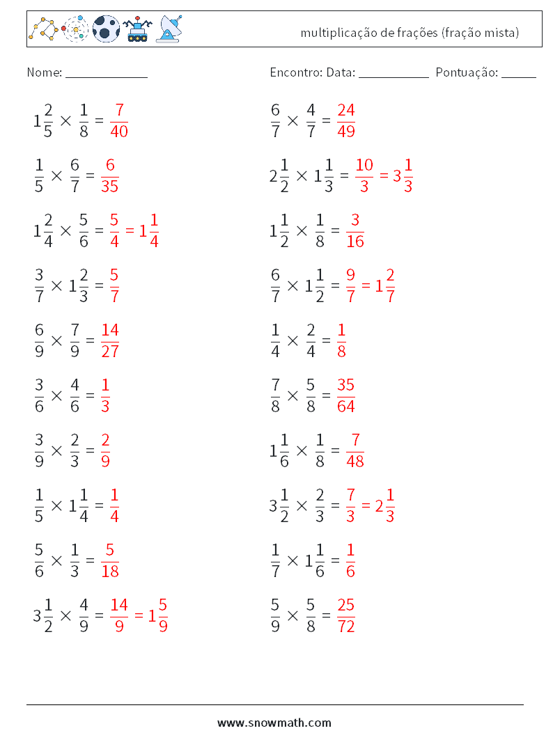 (20) multiplicação de frações (fração mista) planilhas matemáticas 14 Pergunta, Resposta