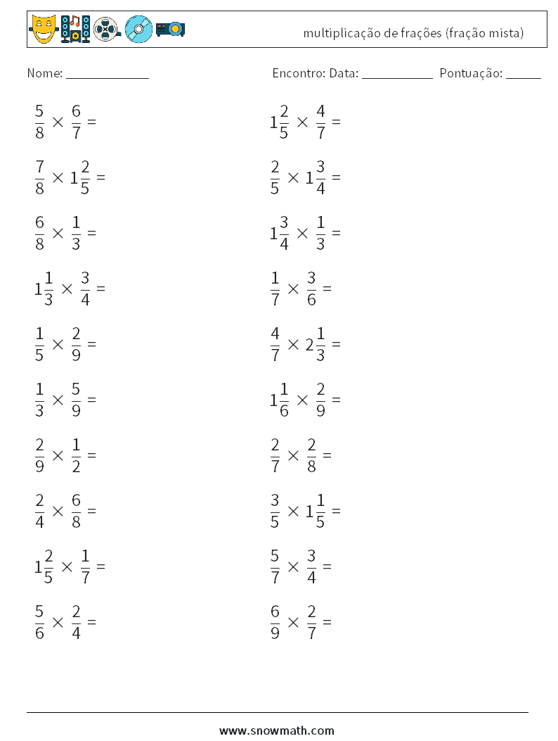 (20) multiplicação de frações (fração mista) planilhas matemáticas 15