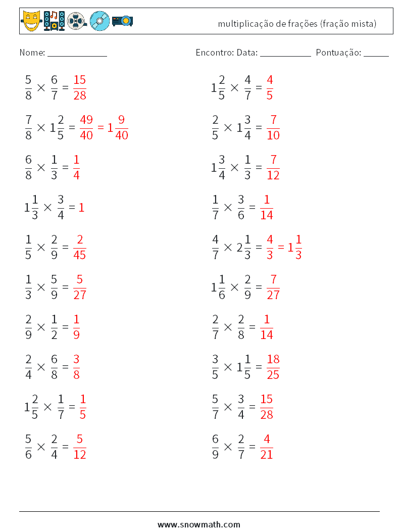 (20) multiplicação de frações (fração mista) planilhas matemáticas 15 Pergunta, Resposta