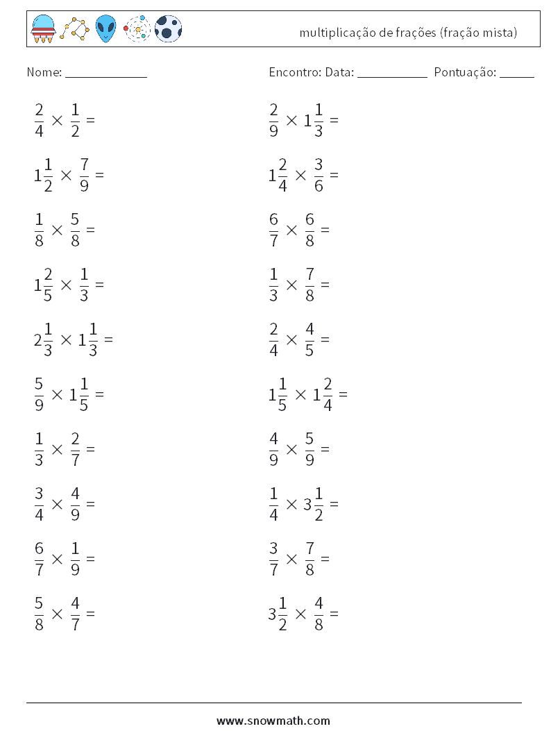 (20) multiplicação de frações (fração mista) planilhas matemáticas 16