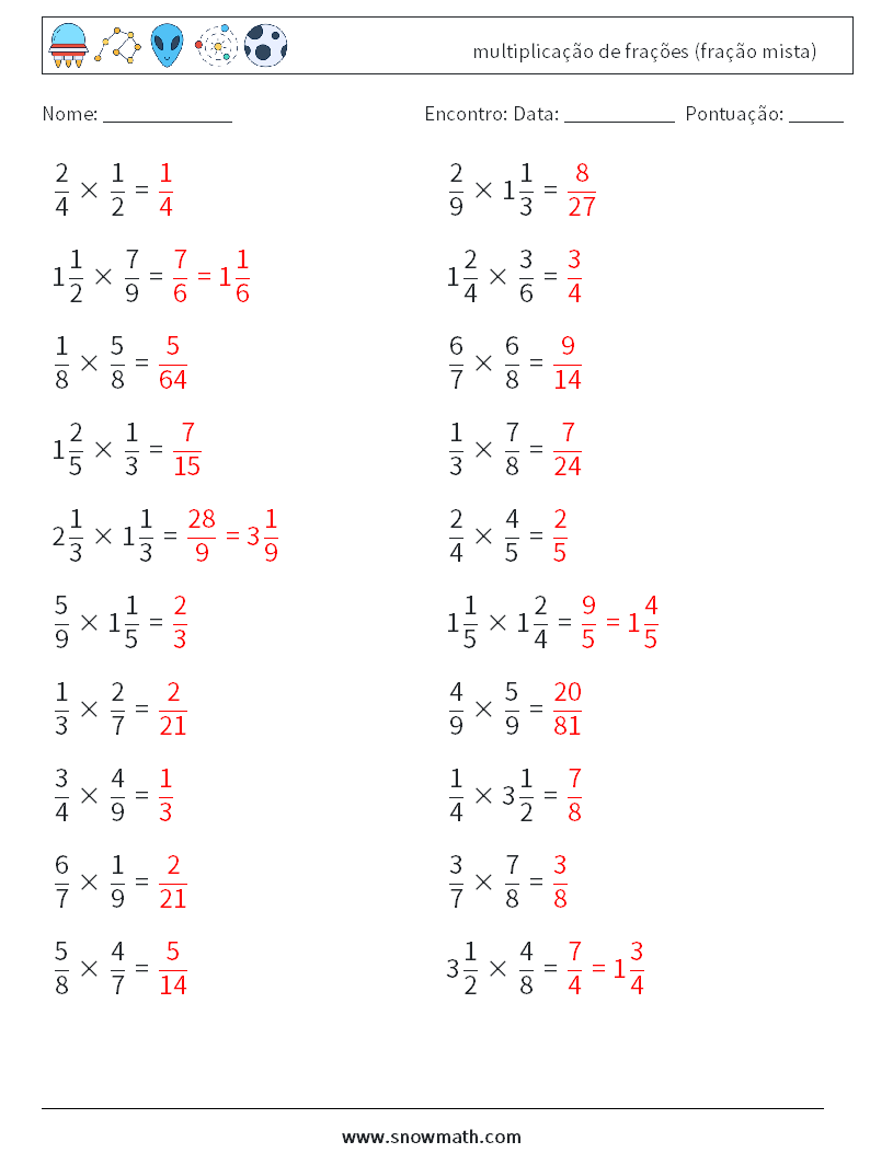 (20) multiplicação de frações (fração mista) planilhas matemáticas 16 Pergunta, Resposta