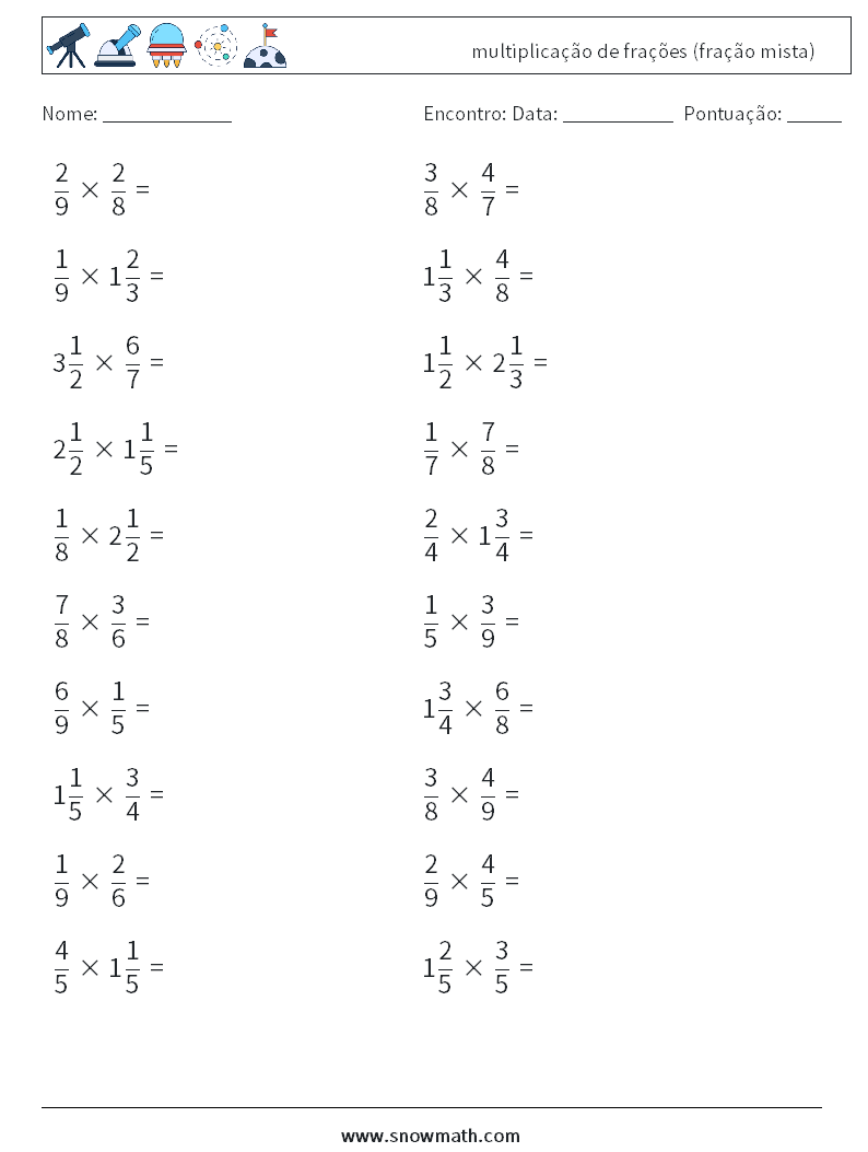 (20) multiplicação de frações (fração mista) planilhas matemáticas 17