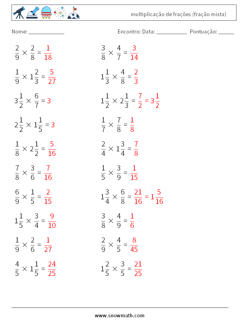 (20) multiplicação de frações (fração mista) planilhas matemáticas 17 Pergunta, Resposta
