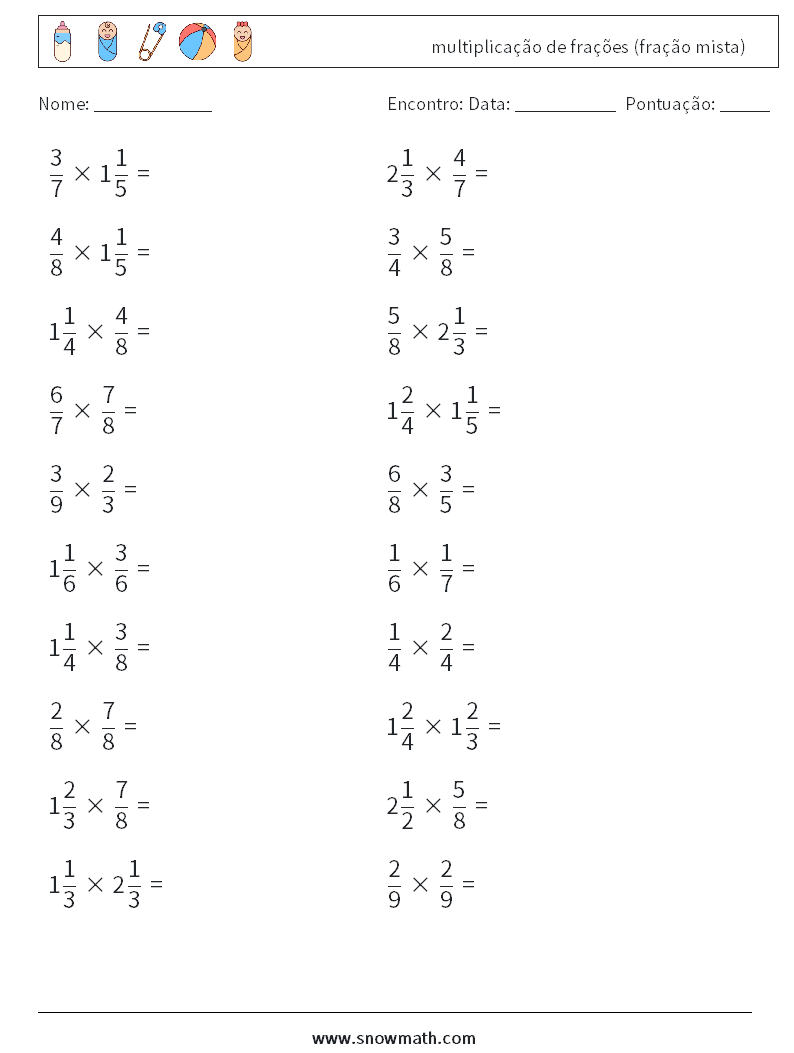 (20) multiplicação de frações (fração mista) planilhas matemáticas 18