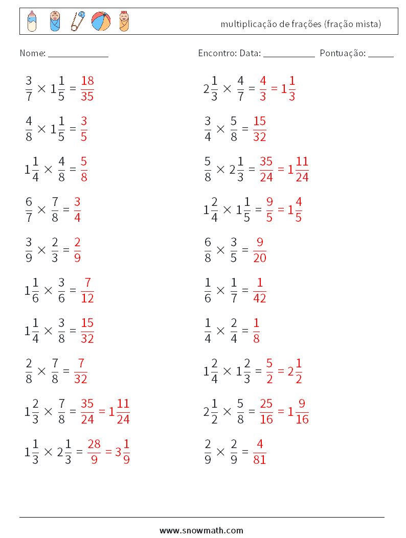 (20) multiplicação de frações (fração mista) planilhas matemáticas 18 Pergunta, Resposta