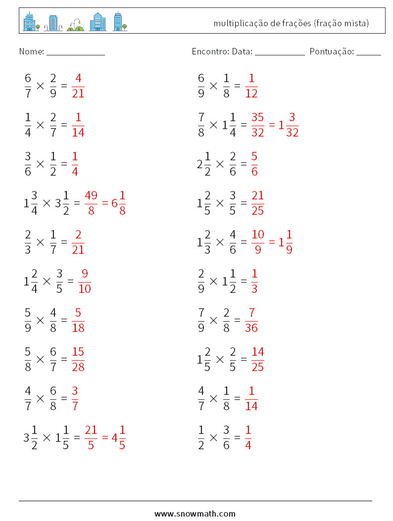 (20) multiplicação de frações (fração mista) planilhas matemáticas 1 Pergunta, Resposta