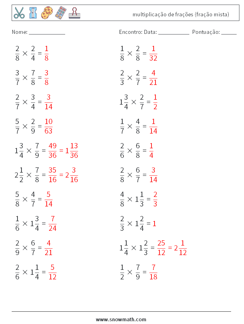 (20) multiplicação de frações (fração mista) planilhas matemáticas 2 Pergunta, Resposta