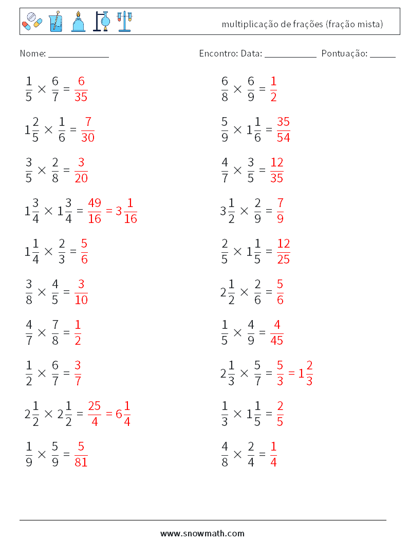 (20) multiplicação de frações (fração mista) planilhas matemáticas 3 Pergunta, Resposta