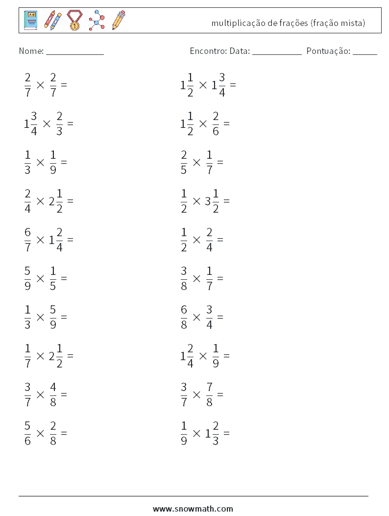 (20) multiplicação de frações (fração mista) planilhas matemáticas 4