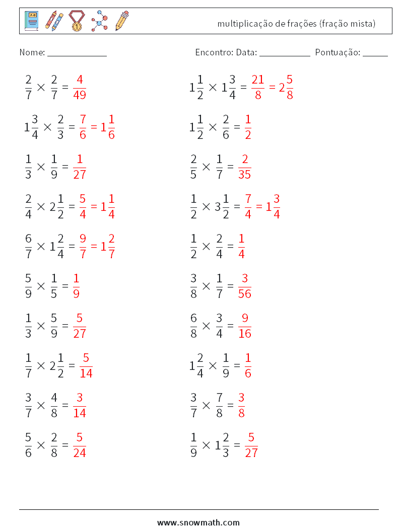 (20) multiplicação de frações (fração mista) planilhas matemáticas 4 Pergunta, Resposta