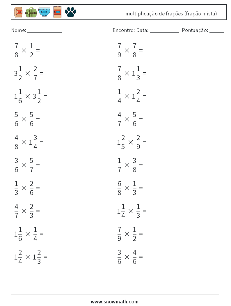 (20) multiplicação de frações (fração mista) planilhas matemáticas 5