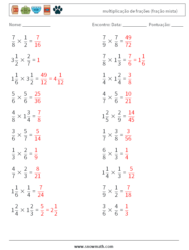 (20) multiplicação de frações (fração mista) planilhas matemáticas 5 Pergunta, Resposta