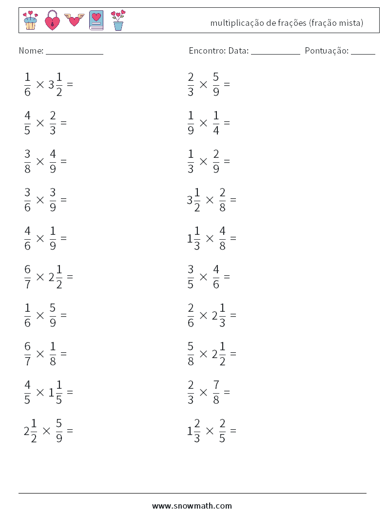 (20) multiplicação de frações (fração mista) planilhas matemáticas 6