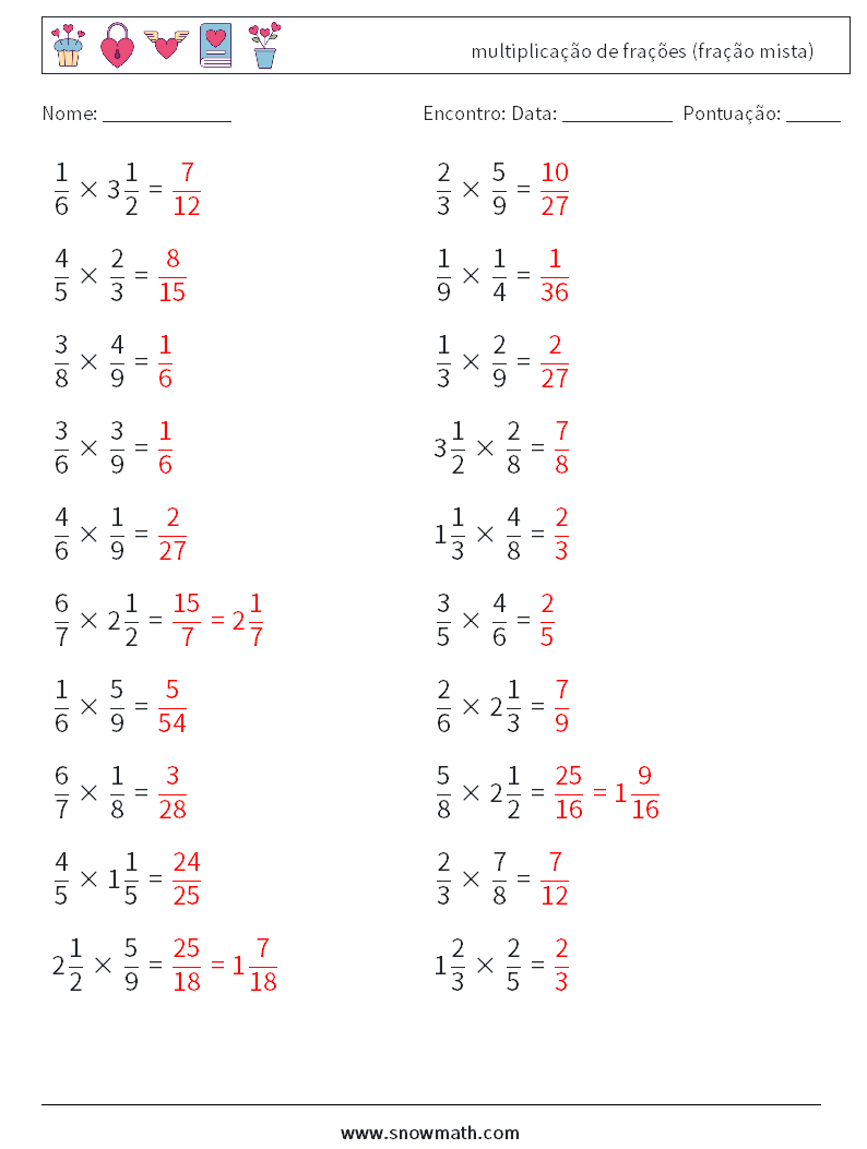 (20) multiplicação de frações (fração mista) planilhas matemáticas 6 Pergunta, Resposta