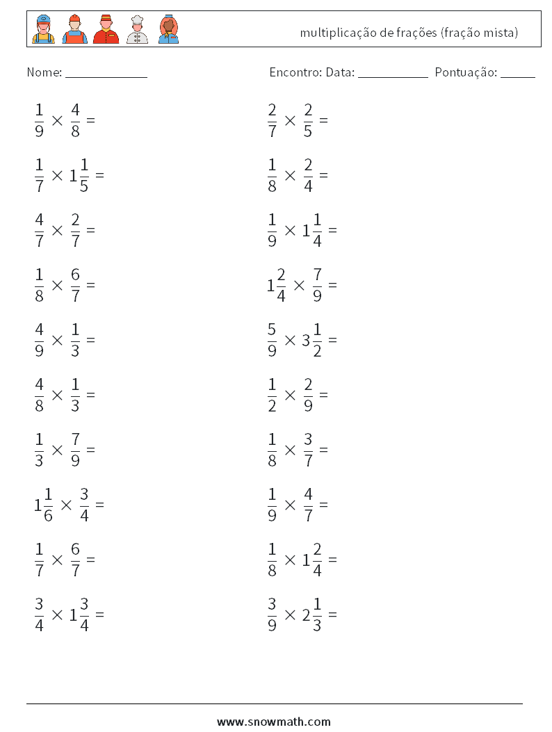 (20) multiplicação de frações (fração mista) planilhas matemáticas 7