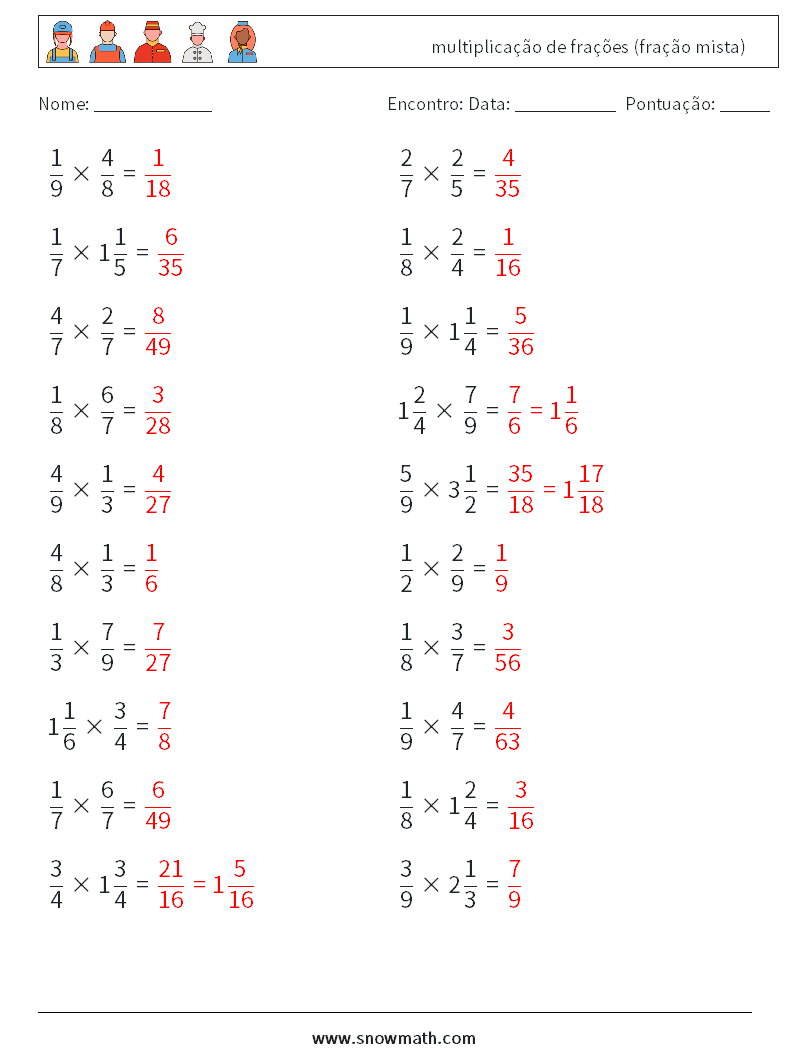 (20) multiplicação de frações (fração mista) planilhas matemáticas 7 Pergunta, Resposta