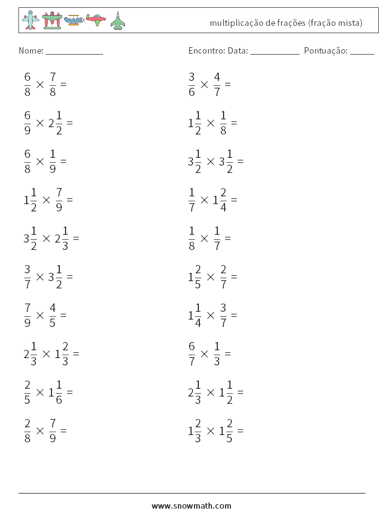 (20) multiplicação de frações (fração mista) planilhas matemáticas 8