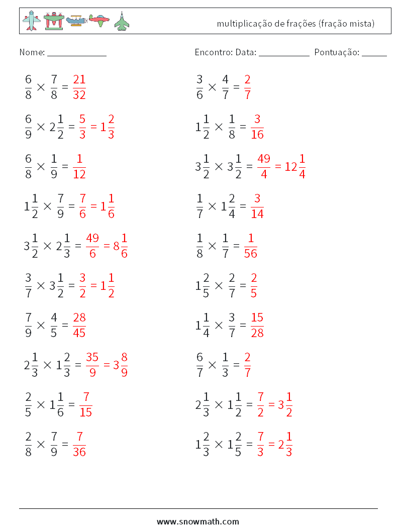 (20) multiplicação de frações (fração mista) planilhas matemáticas 8 Pergunta, Resposta
