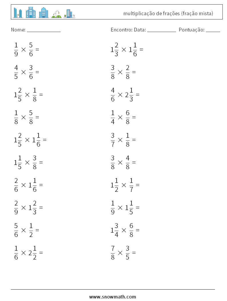 (20) multiplicação de frações (fração mista) planilhas matemáticas 9