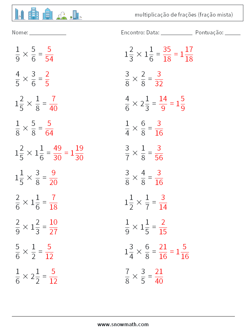 (20) multiplicação de frações (fração mista) planilhas matemáticas 9 Pergunta, Resposta