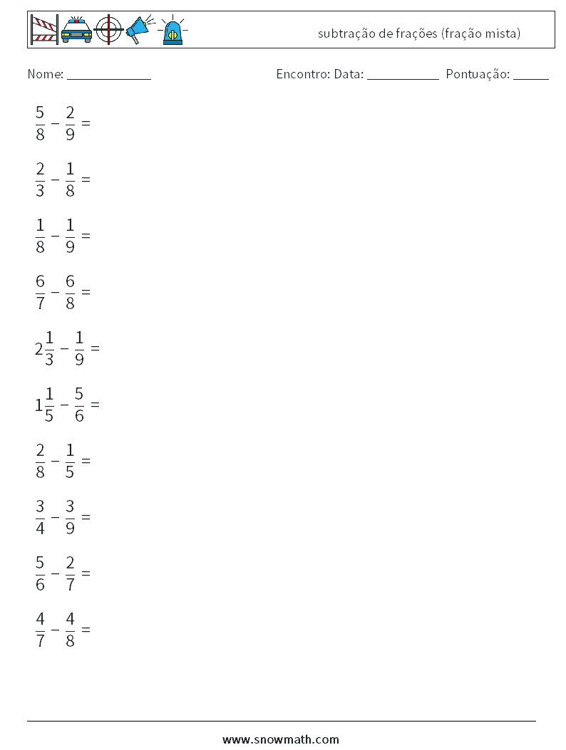 (10) subtração de frações (fração mista) planilhas matemáticas 1