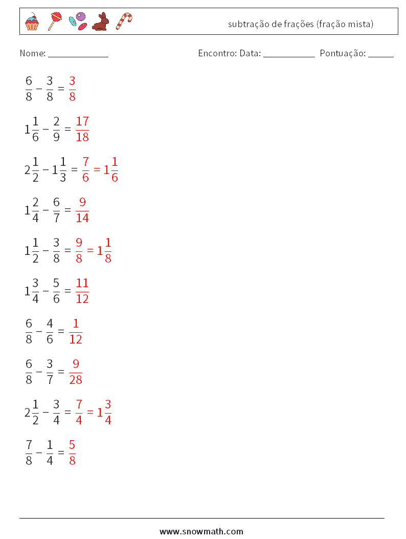 (10) subtração de frações (fração mista) planilhas matemáticas 10 Pergunta, Resposta