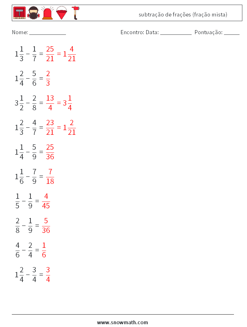 (10) subtração de frações (fração mista) planilhas matemáticas 13 Pergunta, Resposta