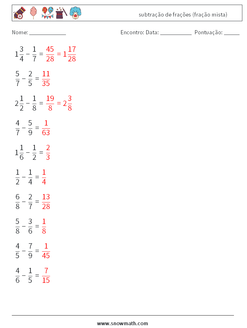 (10) subtração de frações (fração mista) planilhas matemáticas 16 Pergunta, Resposta