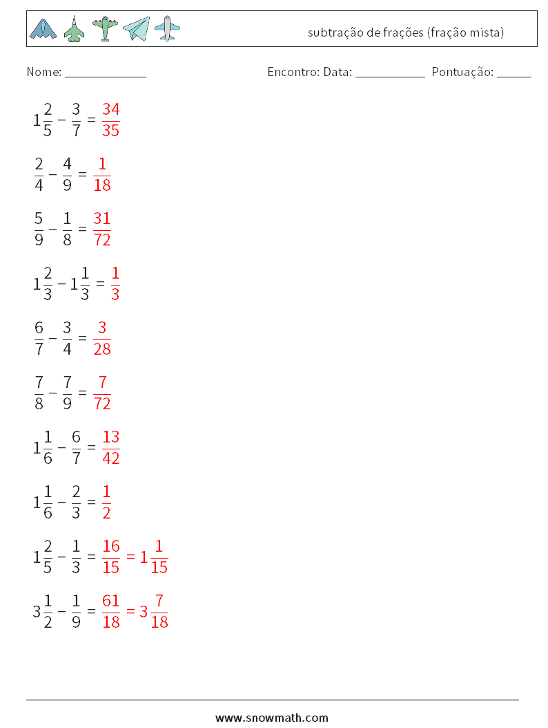 (10) subtração de frações (fração mista) planilhas matemáticas 3 Pergunta, Resposta