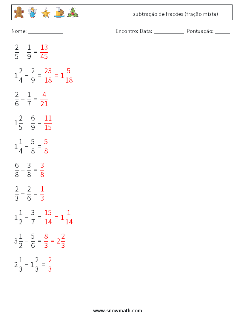 (10) subtração de frações (fração mista) planilhas matemáticas 4 Pergunta, Resposta