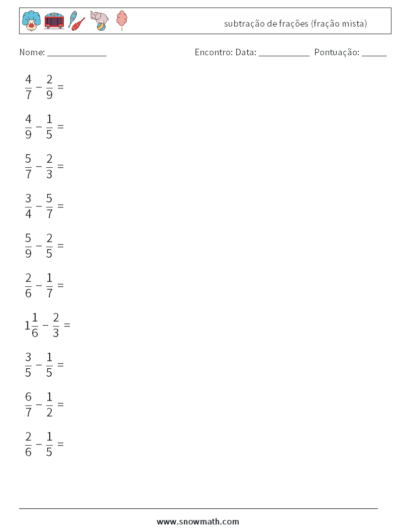 (10) subtração de frações (fração mista) planilhas matemáticas 6