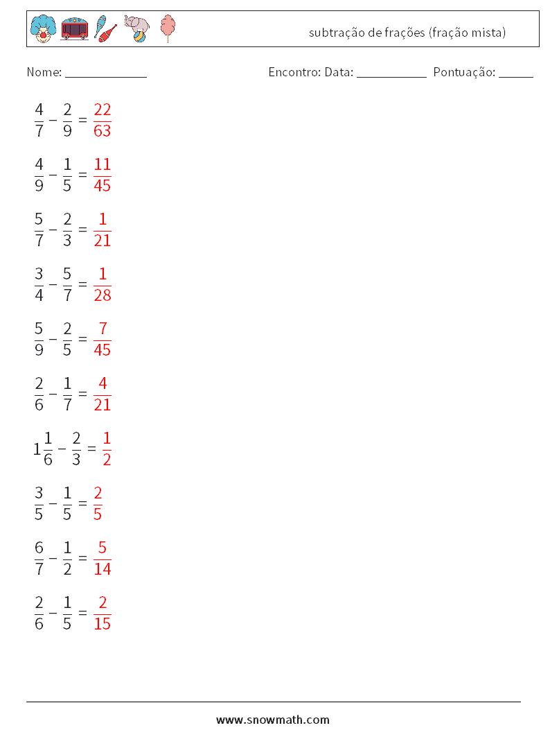 (10) subtração de frações (fração mista) planilhas matemáticas 6 Pergunta, Resposta