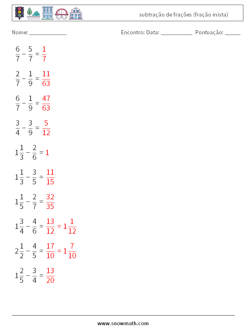 (10) subtração de frações (fração mista) planilhas matemáticas 9 Pergunta, Resposta