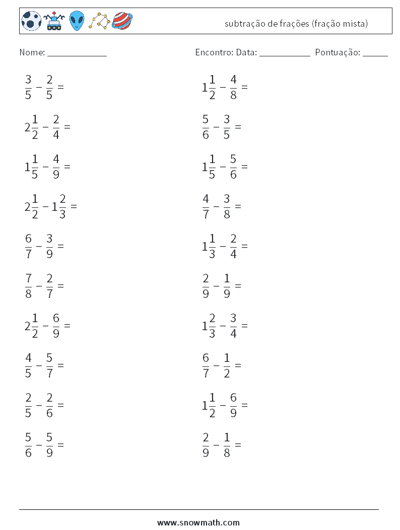 (20) subtração de frações (fração mista) planilhas matemáticas 1