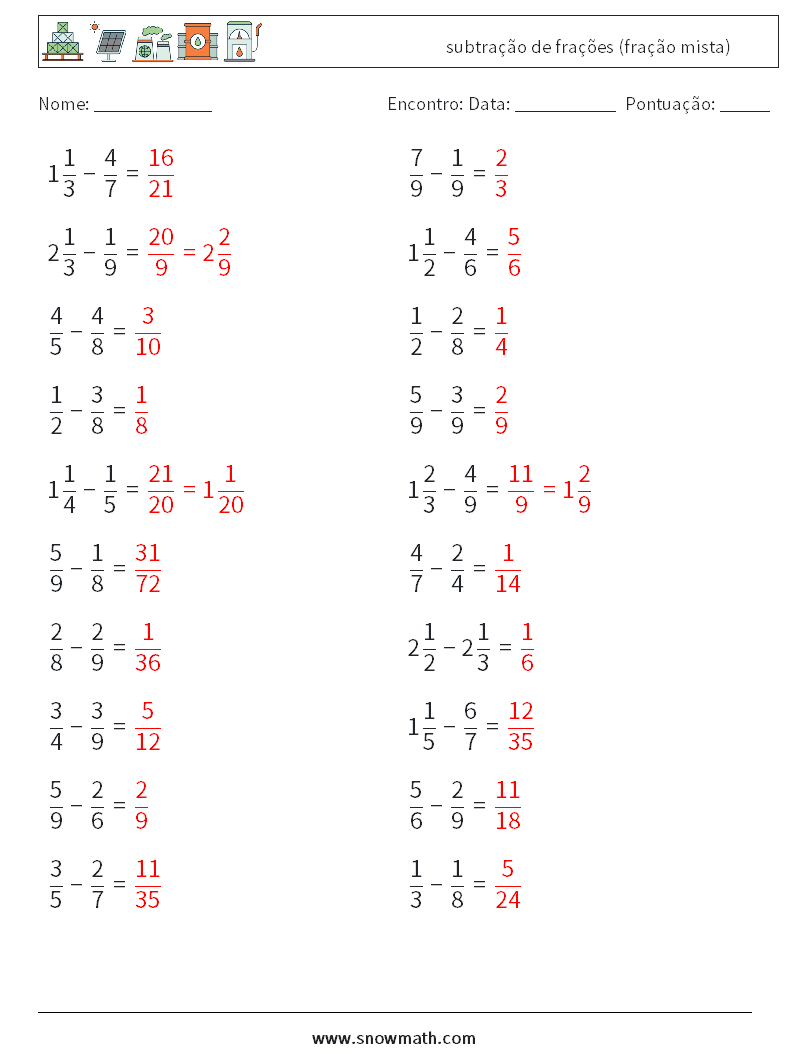 (20) subtração de frações (fração mista) planilhas matemáticas 10 Pergunta, Resposta