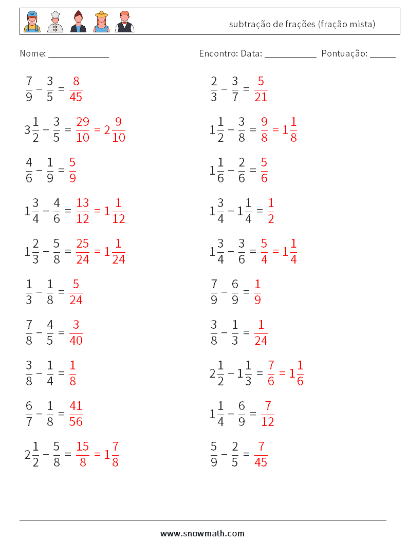 (20) subtração de frações (fração mista) planilhas matemáticas 11 Pergunta, Resposta