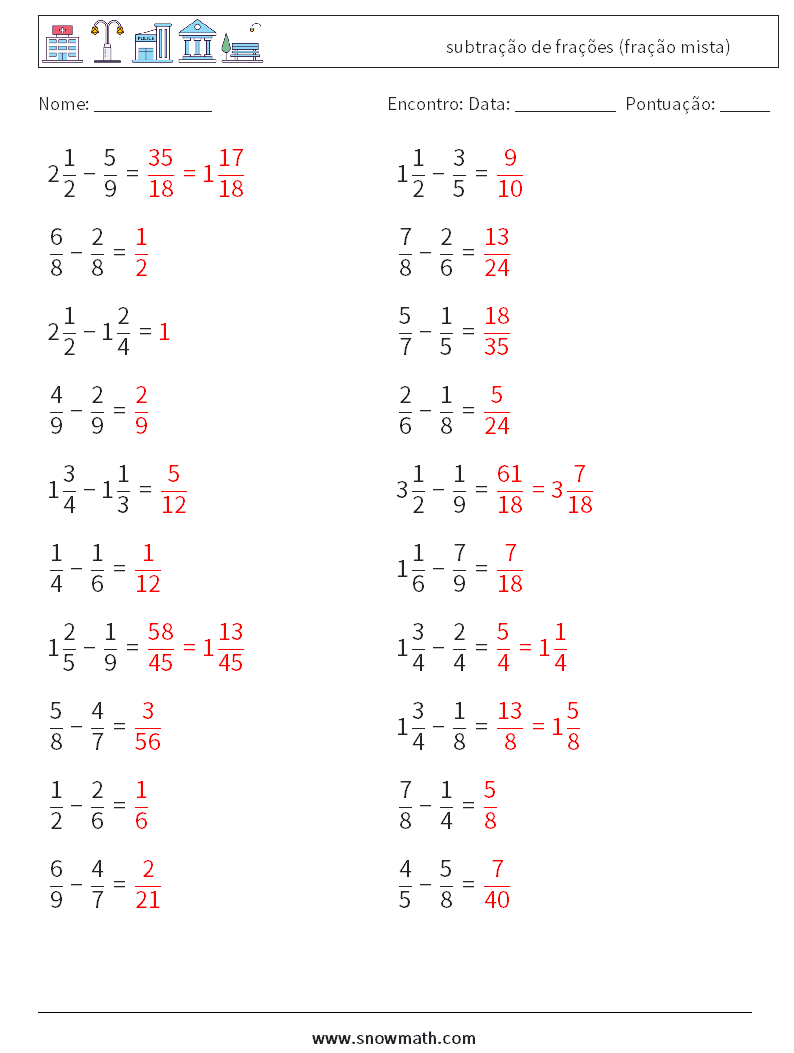 (20) subtração de frações (fração mista) planilhas matemáticas 12 Pergunta, Resposta