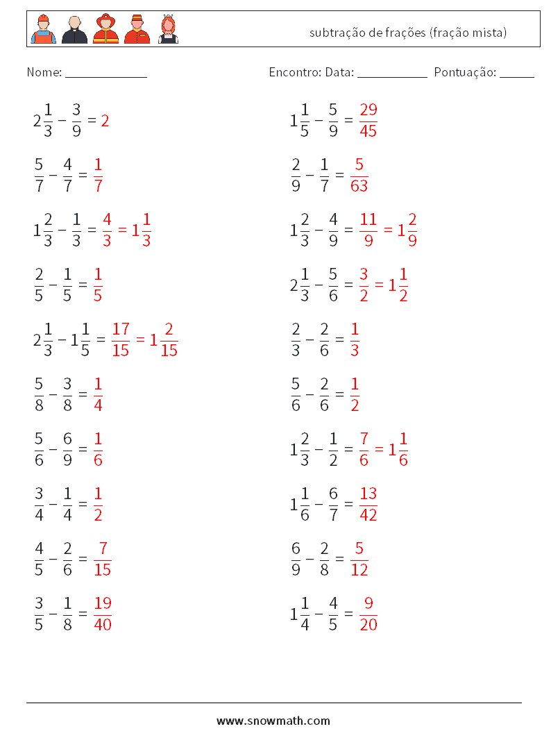 (20) subtração de frações (fração mista) planilhas matemáticas 13 Pergunta, Resposta
