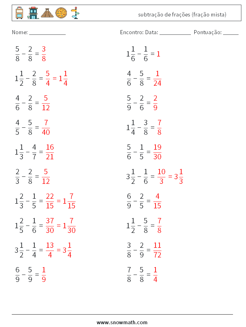 (20) subtração de frações (fração mista) planilhas matemáticas 15 Pergunta, Resposta