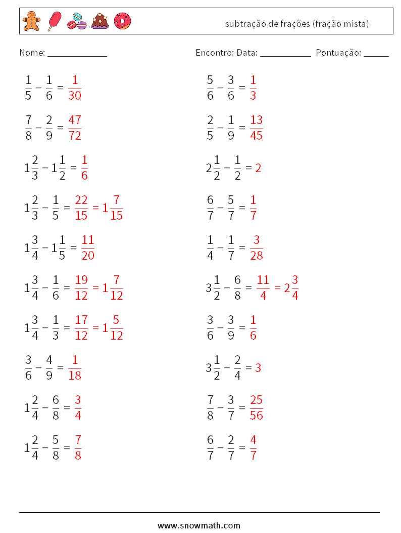 (20) subtração de frações (fração mista) planilhas matemáticas 16 Pergunta, Resposta