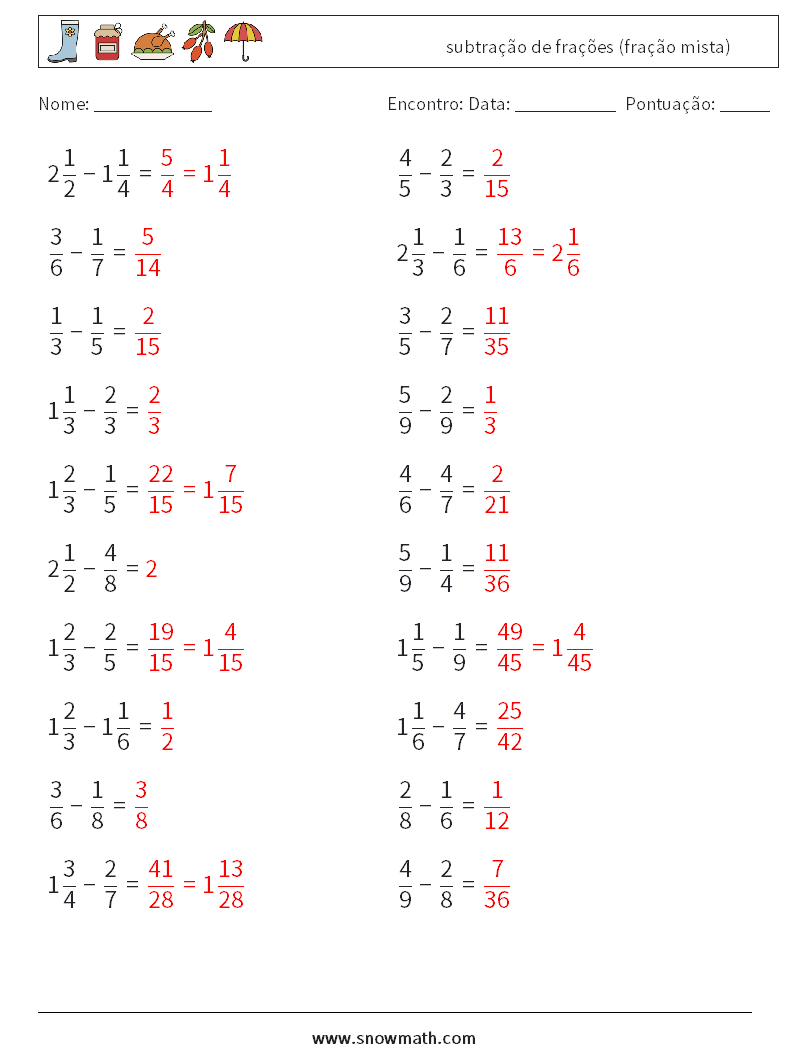 (20) subtração de frações (fração mista) planilhas matemáticas 17 Pergunta, Resposta