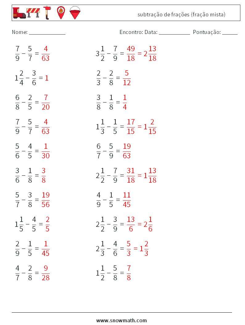 (20) subtração de frações (fração mista) planilhas matemáticas 18 Pergunta, Resposta