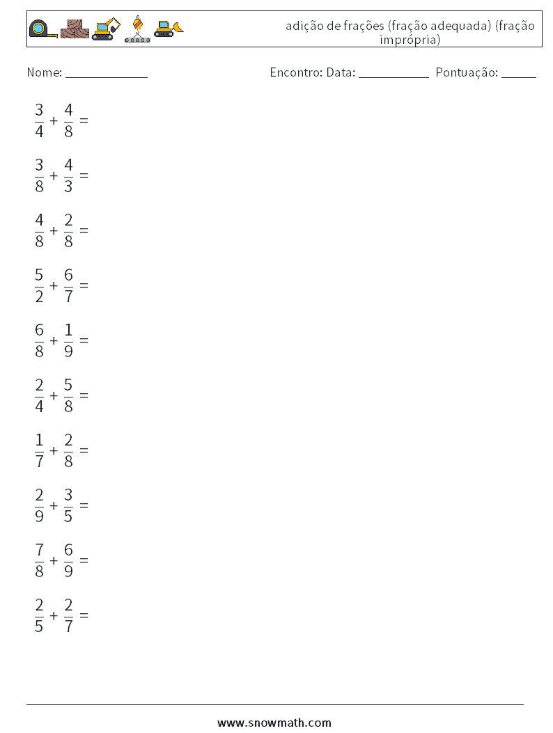 (10) adição de frações (fração adequada) (fração imprópria) planilhas matemáticas 1